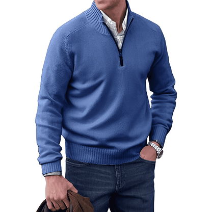 Men's Pullover Sweater - Quarter Zip Neck Ribbed Cuffs