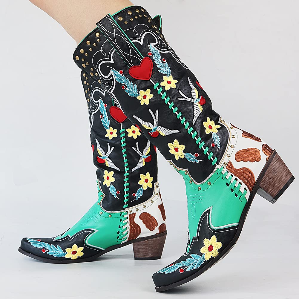 Women's Classic Colourful Floral Stitched Western Boots - ModishWorld