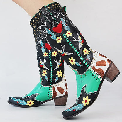 Women's Classic Colourful Floral Stitched Western Boots - ModishWorld