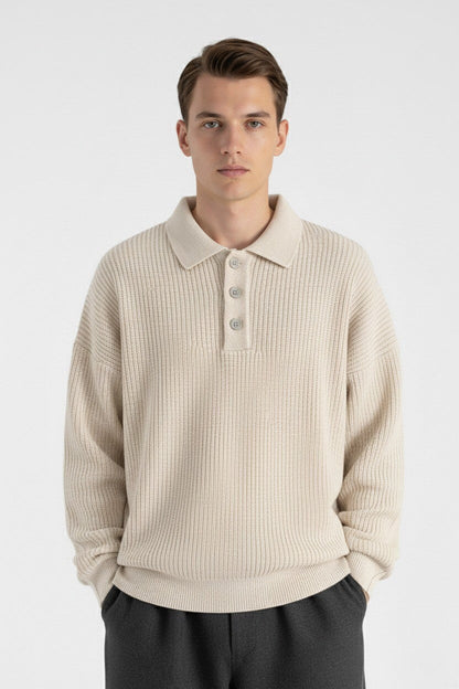 Casual Men's Knit Sweater - Relaxed Fit Polo Neck