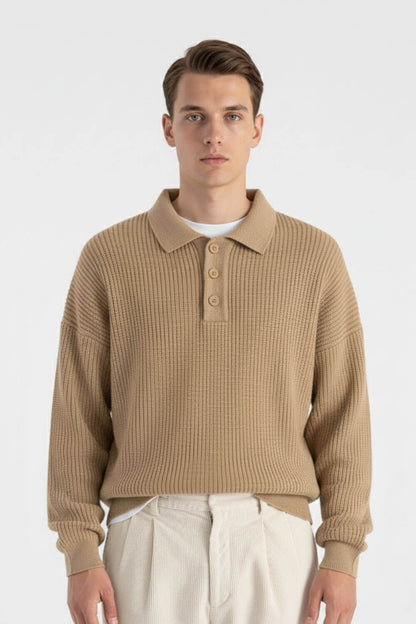 Casual Men's Knit Sweater - Relaxed Fit Polo Neck