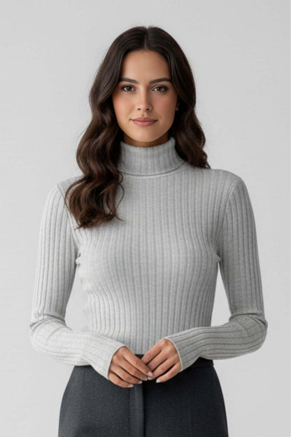 Chic Women's Ribbed Crew Neck Tight Knit Sweater