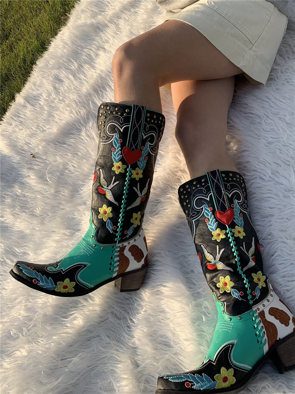 Women's Classic Colourful Floral Stitched Western Boots