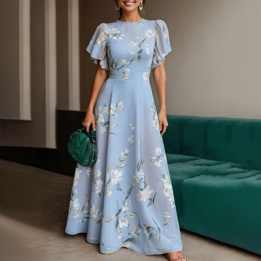Women's Casual Blue Maxi Dress with Short Sleeves - ModishWorld
