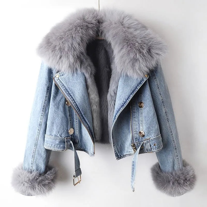 Ladies Warm Cozy Denim Jacket with Faux Fur Trim - ModishWorld