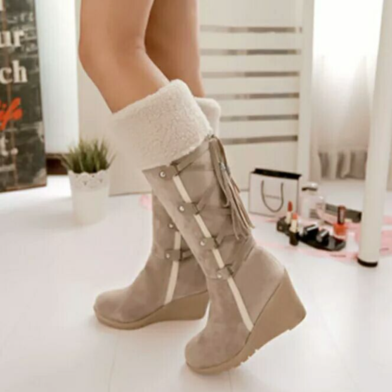 Women's Tall Wedge Boots with Foldover Top and Tassel Detail