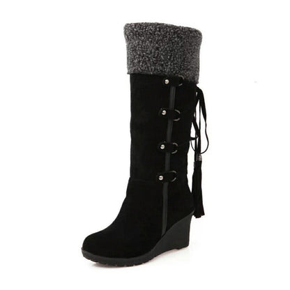 Women's Tall Wedge Boots with Foldover Top and Tassel Detail