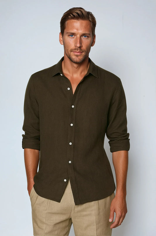 Classic Mens Slim Fit Linen Shirt - Earth Brown - Modish World