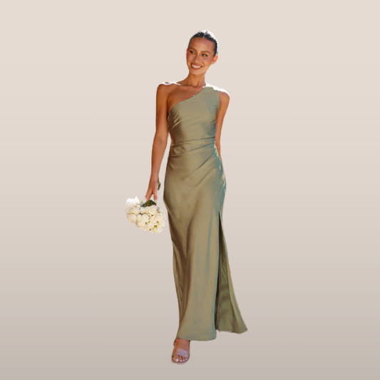 Chic Off-The-Shoulder Satin Party Dress with Slit - ModishWorld