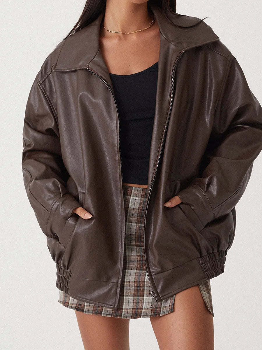 Large Women's Biker Jacket with Elastic Hem - ModishWorld