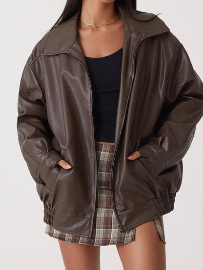 Large Women's Biker Jacket with Elastic Hem - ModishWorld