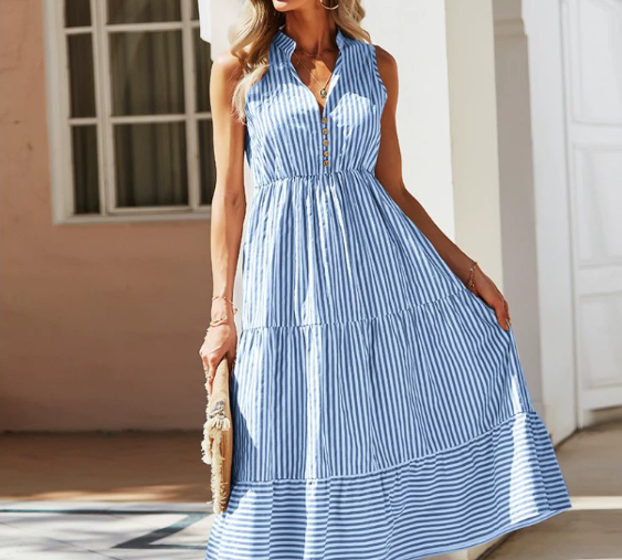 Pastel Blue Floral Midi Dress - Casual Summer Wear - ModishWorld
