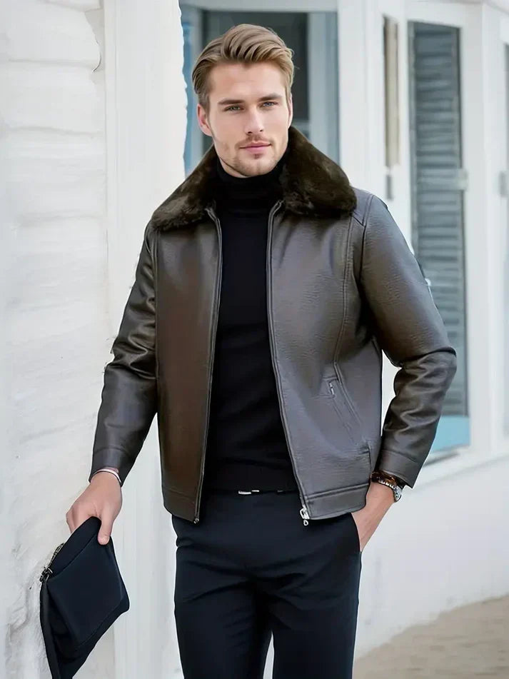 Classic Tan Leather Coat - Warm Faux Fur Trim - ModishWorld