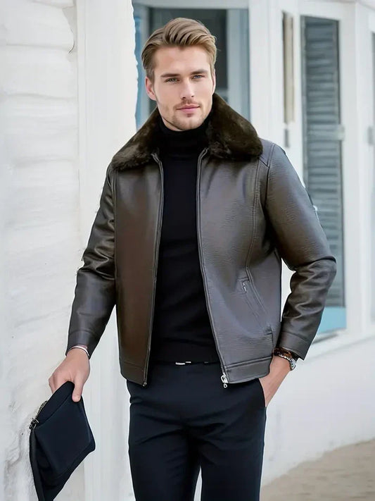 Classic Tan Leather Coat - Warm Faux Fur Trim - ModishWorld