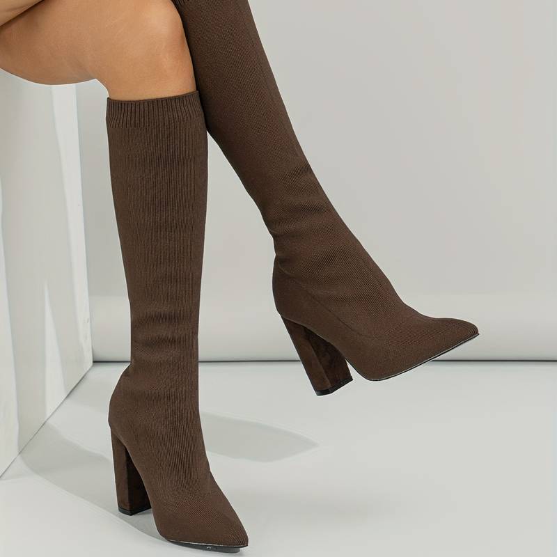 Tall Sock Boots for Women with Pointy Toe and Block Heel