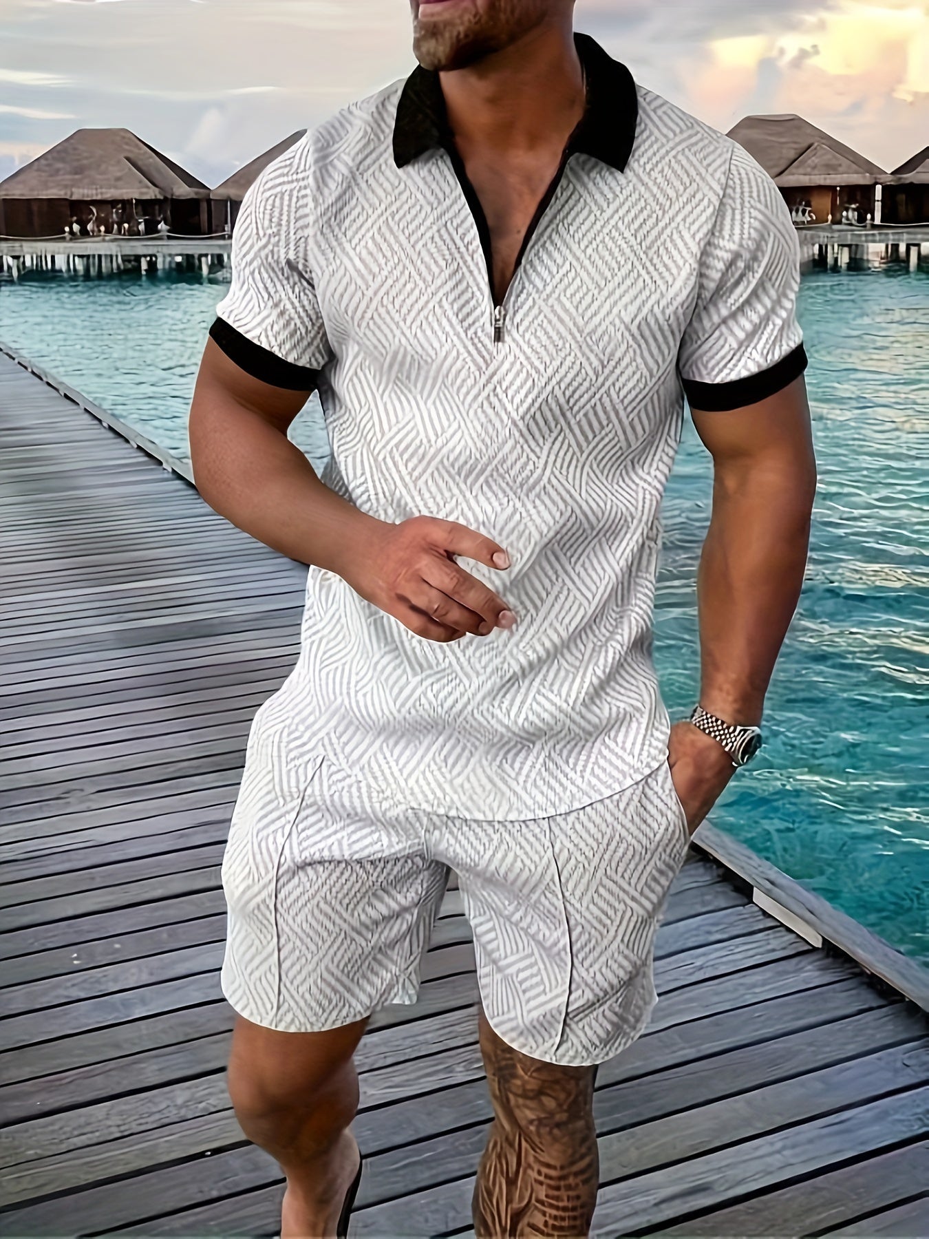 Relaxed Fit Mens Geometric Polo Shirt Shorts Combo