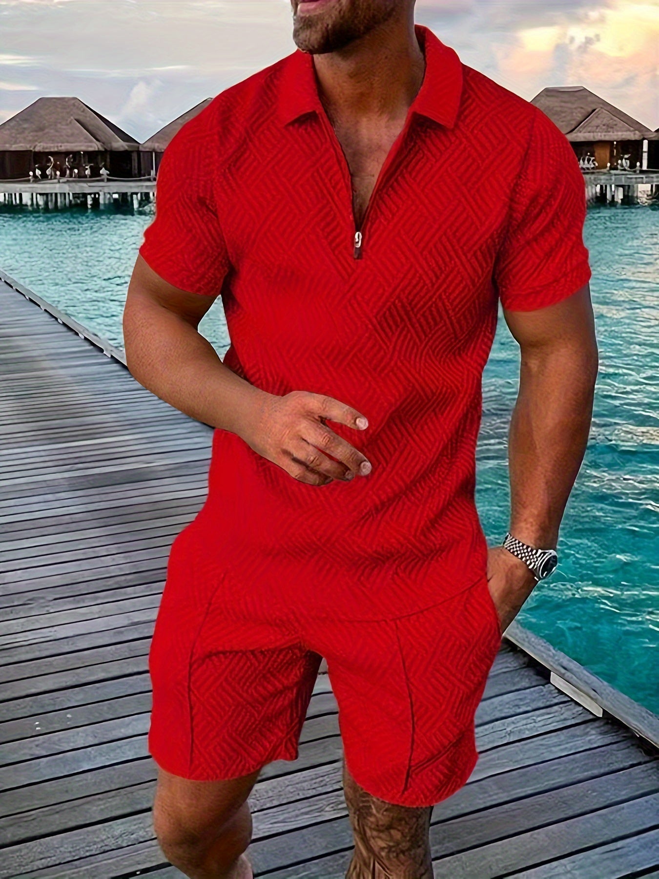 Relaxed Fit Mens Geometric Polo Shirt Shorts Combo