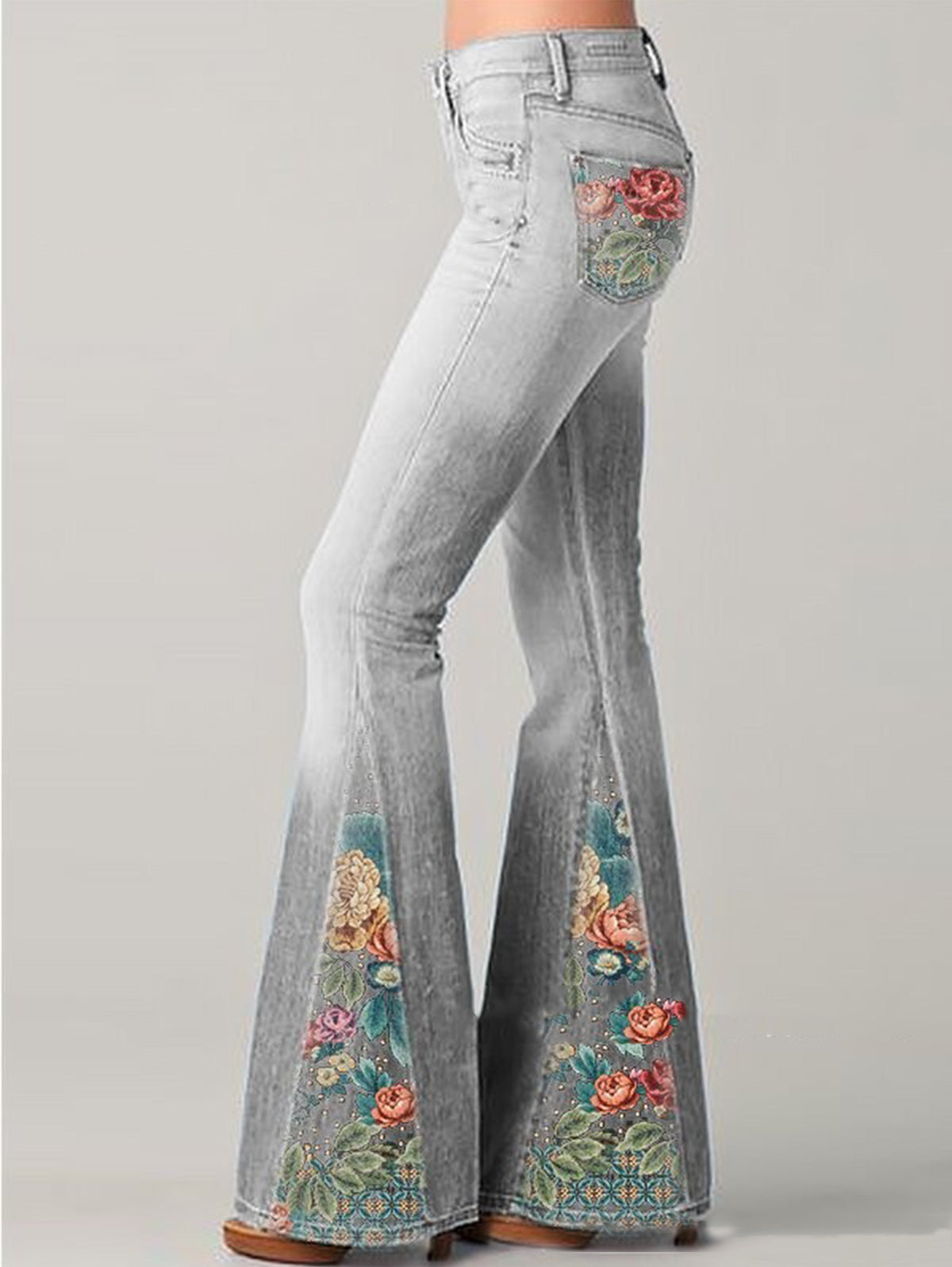 Trendy High Waisted Floral Wide Leg Jeans