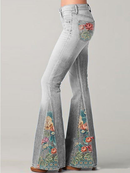 Trendy High Waisted Floral Wide Leg Jeans