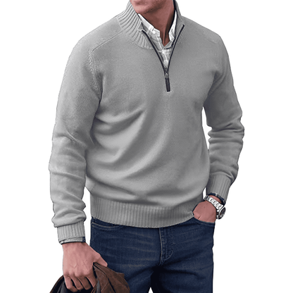 Men's Pullover Sweater - Quarter Zip Neck Ribbed Cuffs