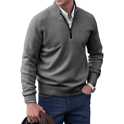 Men's Pullover Sweater - Quarter Zip Neck Ribbed Cuffs