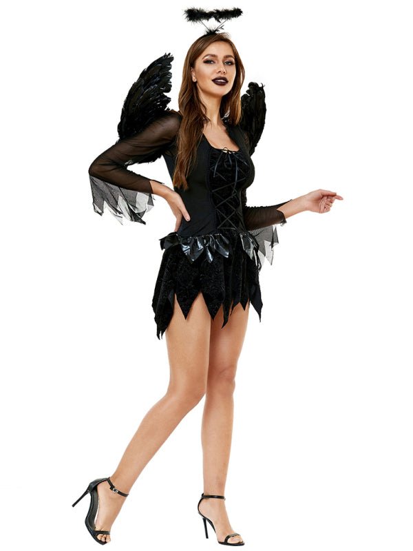 Spooky Black Angel Mini Costume Dress with Wings - ModishWorld