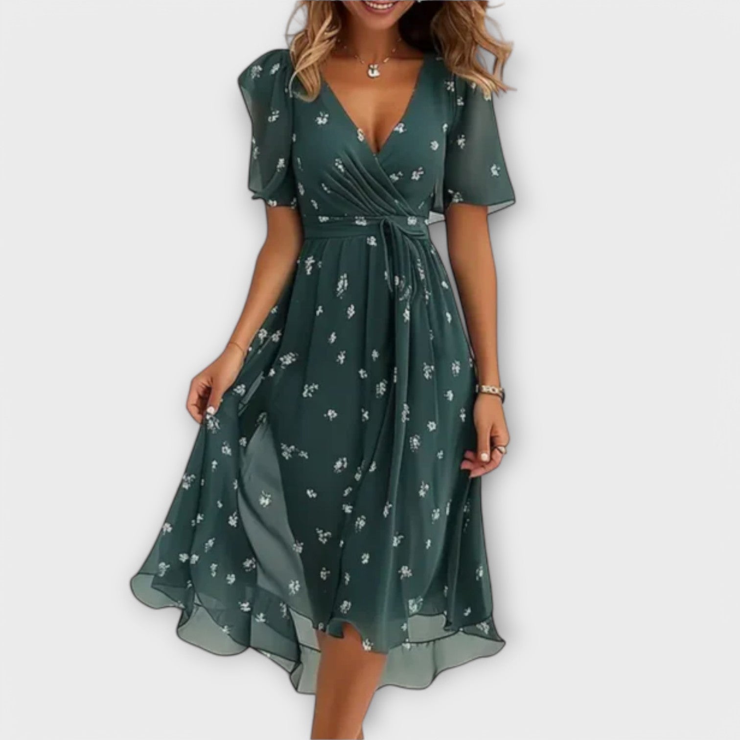 Beautiful Flower Print V Neck Dress - ModishWorld