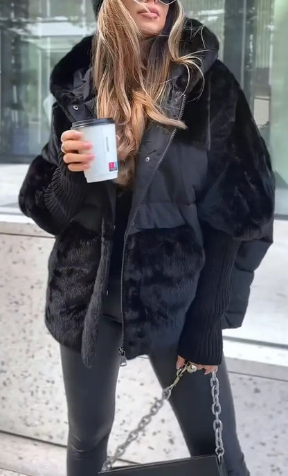 Warm Women's Padded Parka Coat with Faux Fur Hood