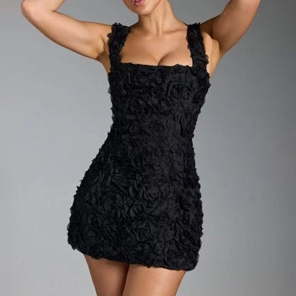 Chic Floral Embellished Little Black Mini Dress - ModishWorld