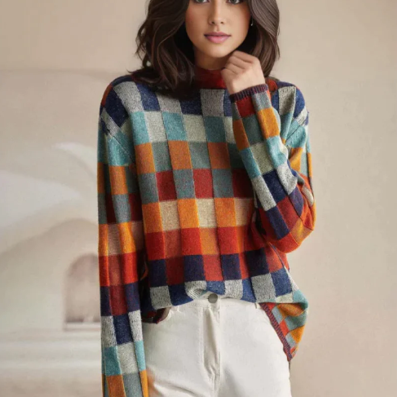 Colourful Checked Crew Neck Sweater - ModishWorld