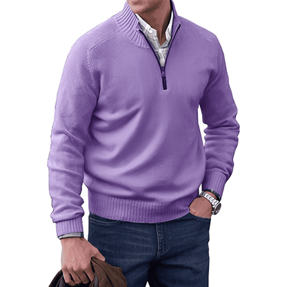 Men's Pullover Sweater - Quarter Zip Neck Ribbed Cuffs