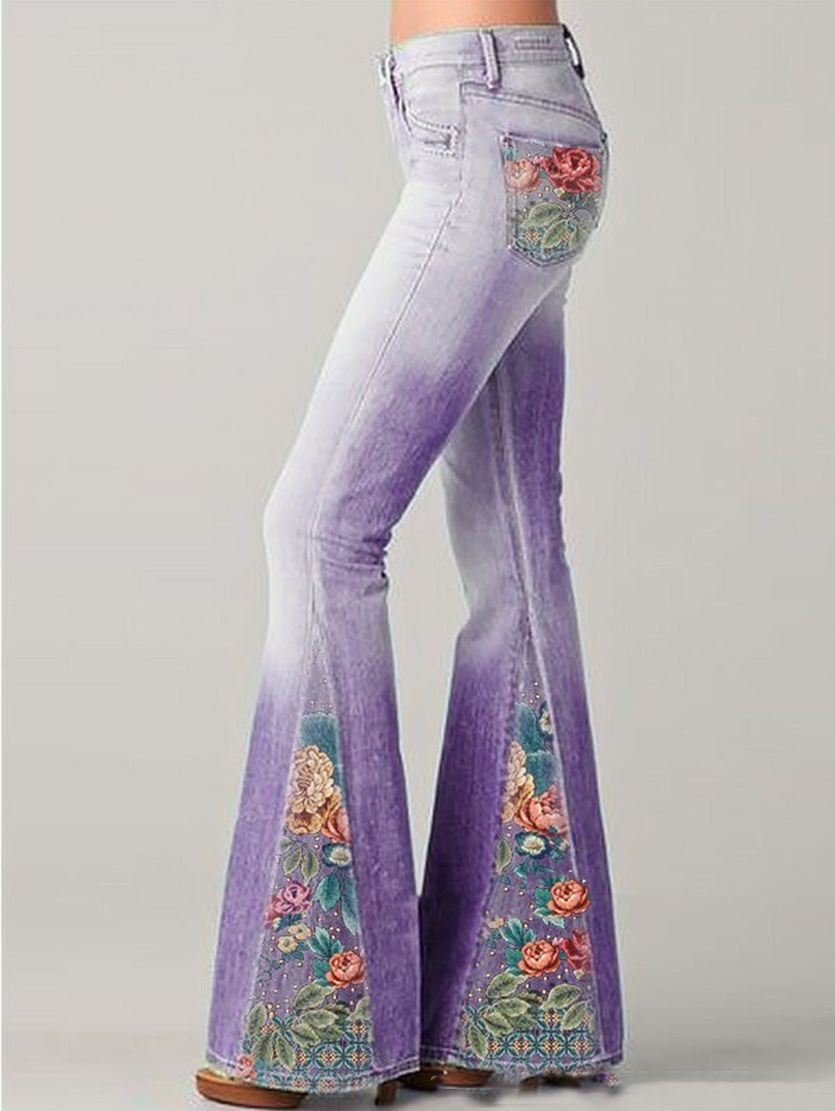 Trendy High Waisted Floral Wide Leg Jeans