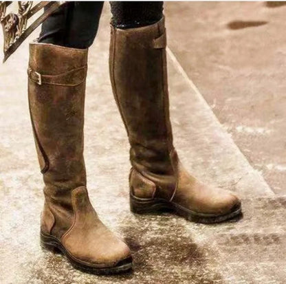 Ladies Tall Leather Boots - Buckled Strap and Sturdy Sole