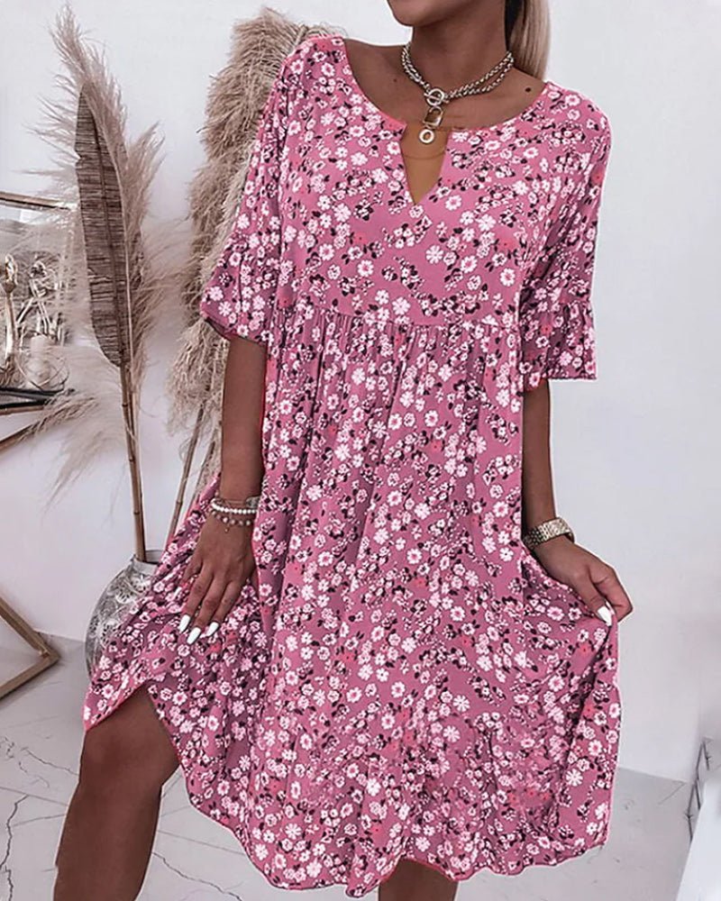 Elegant Floral V Neck Ladies Dress - ModishWorld