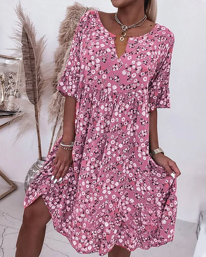 Elegant Floral V Neck Ladies Dress - ModishWorld