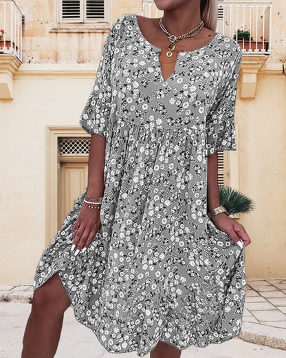 Elegant Floral V Neck Ladies Dress