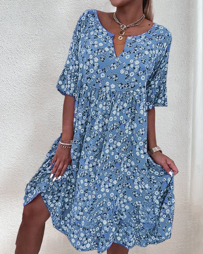 Elegant Floral V Neck Ladies Dress