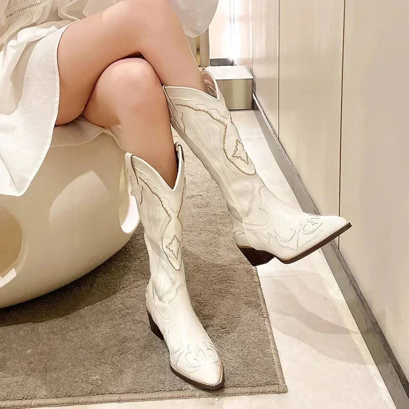 Ladies Brown Mid-Calf Western Boots - Decorated & Cozy - ModishWorld