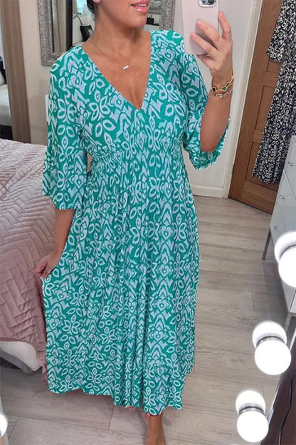 Fashionable V-Neck Printed Ladies Dress