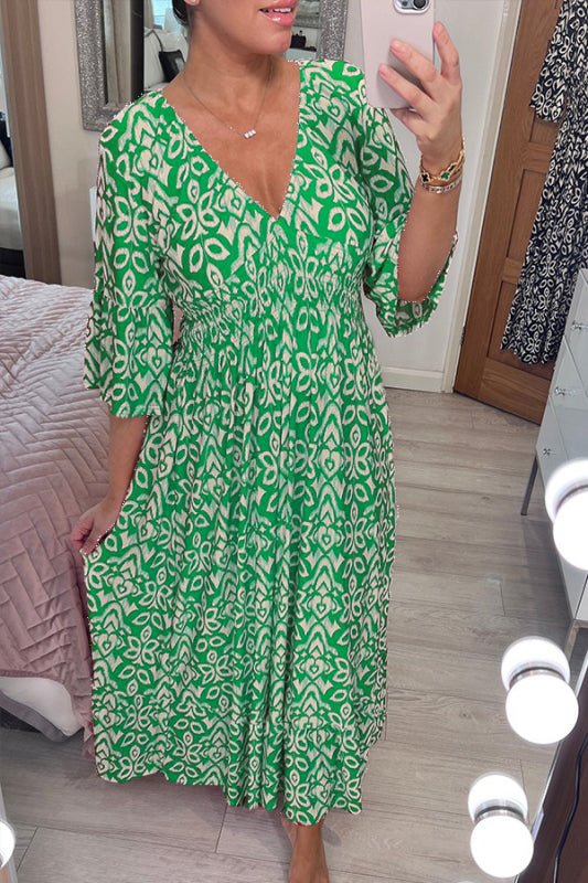 Fashionable V-Neck Printed Ladies Dress