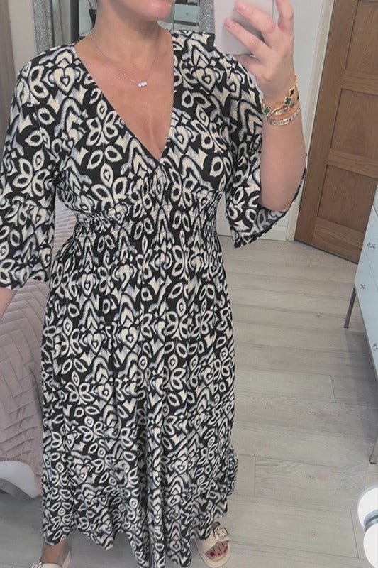 Fashionable V-Neck Printed Ladies Dress