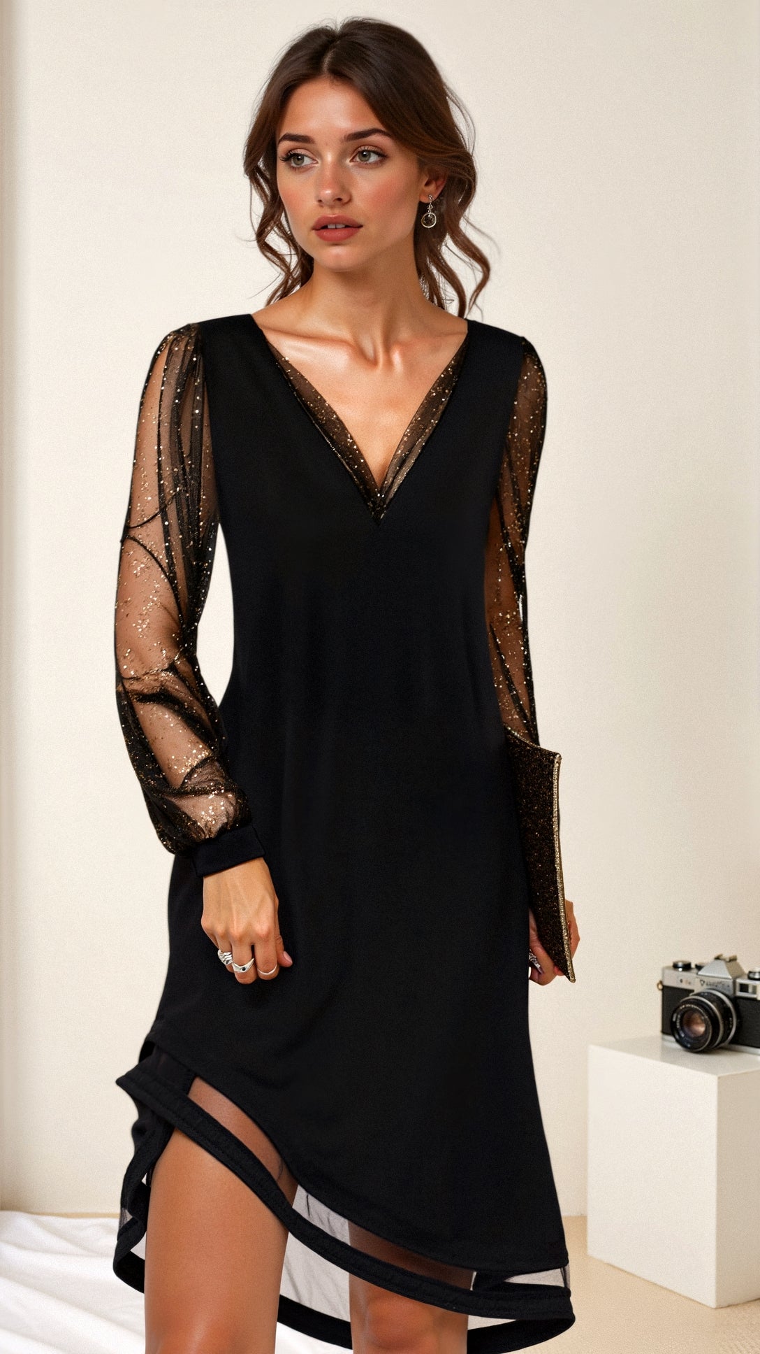 Chic Black Evening Dress for Women with Lace Sleeves - ModishWorld