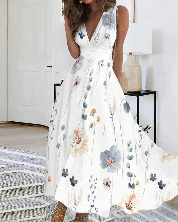 Elegant Floral V Neck Womens Dress - ModishWorld