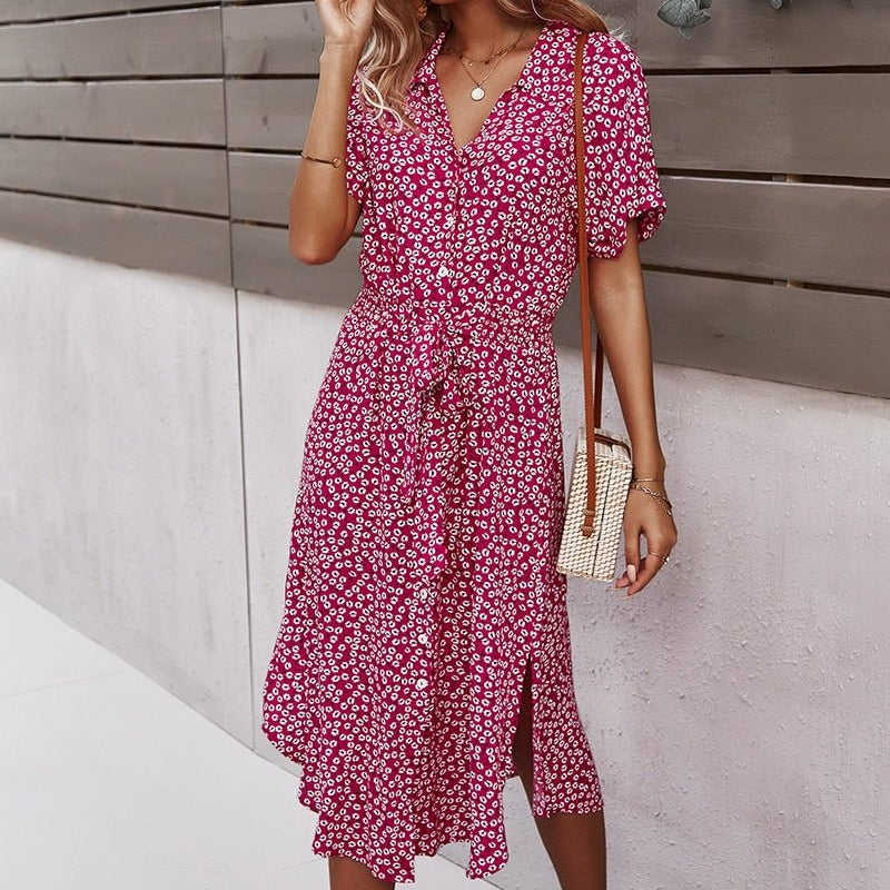 Elegant Flower Print Mid Length Dress