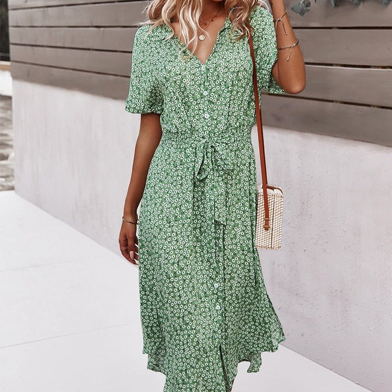 Elegant Flower Print Mid Length Dress