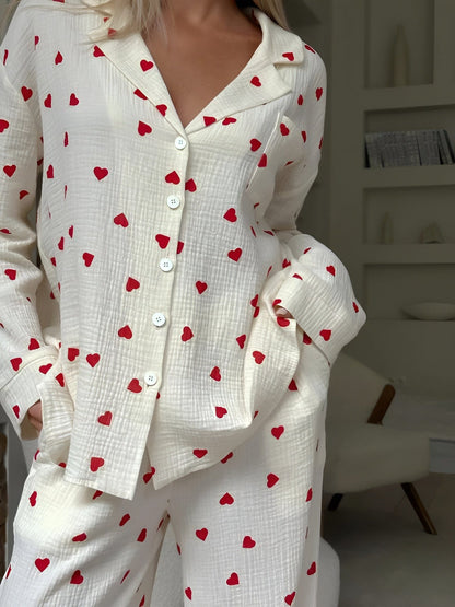 Ladies Soft Pajama Set with Cute Heart Pattern