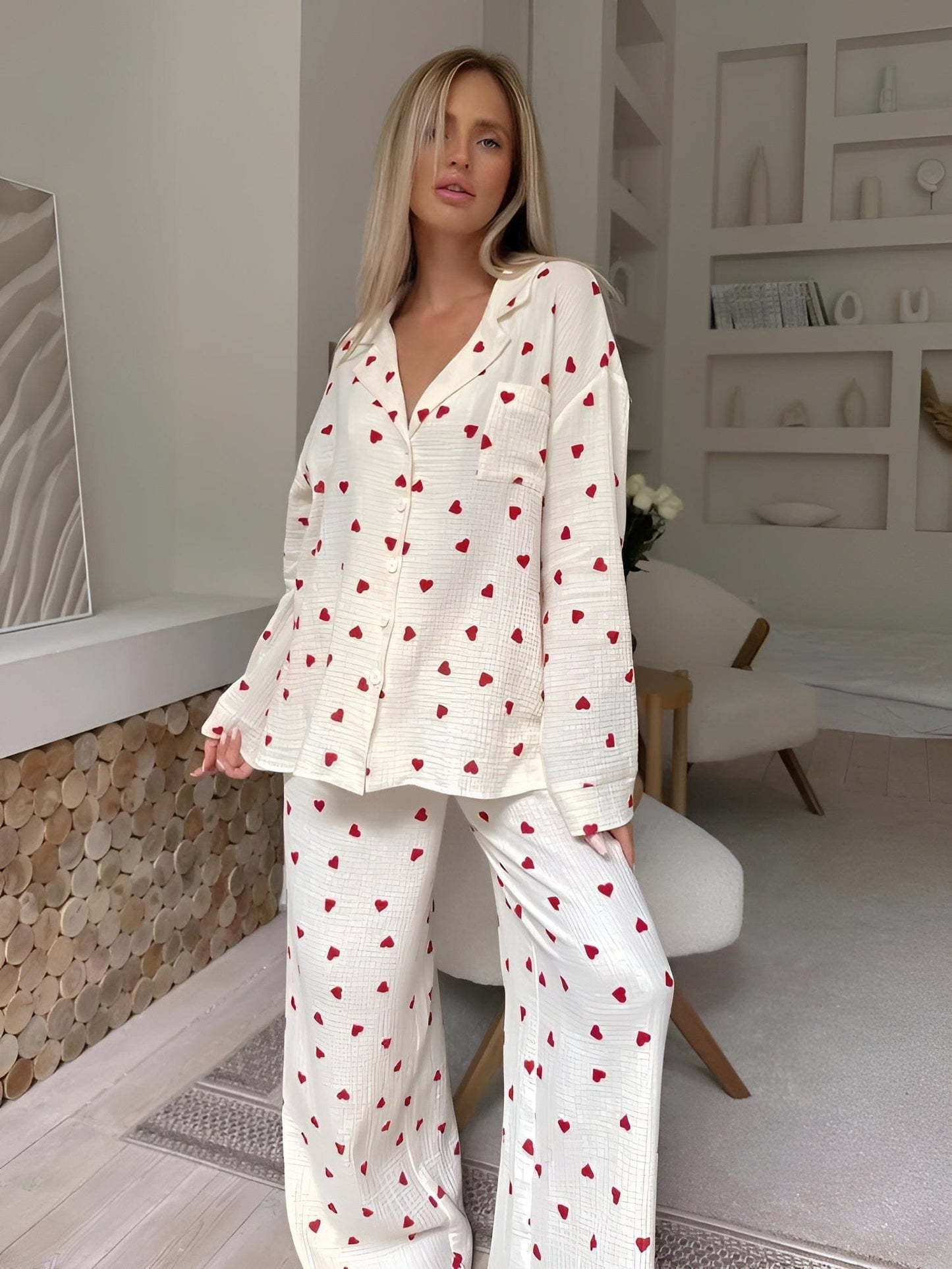 Ladies Soft Pajama Set with Cute Heart Pattern - ModishWorld