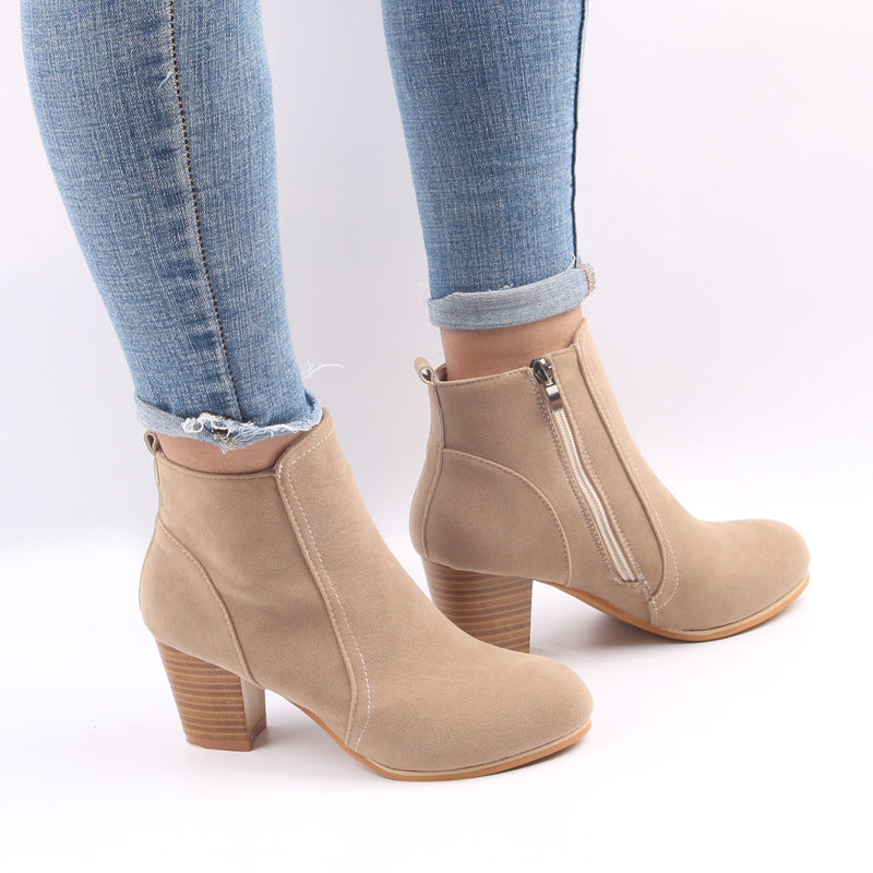 Ladies' Leather Low Heel Ankle Boots with Zipper - ModishWorld