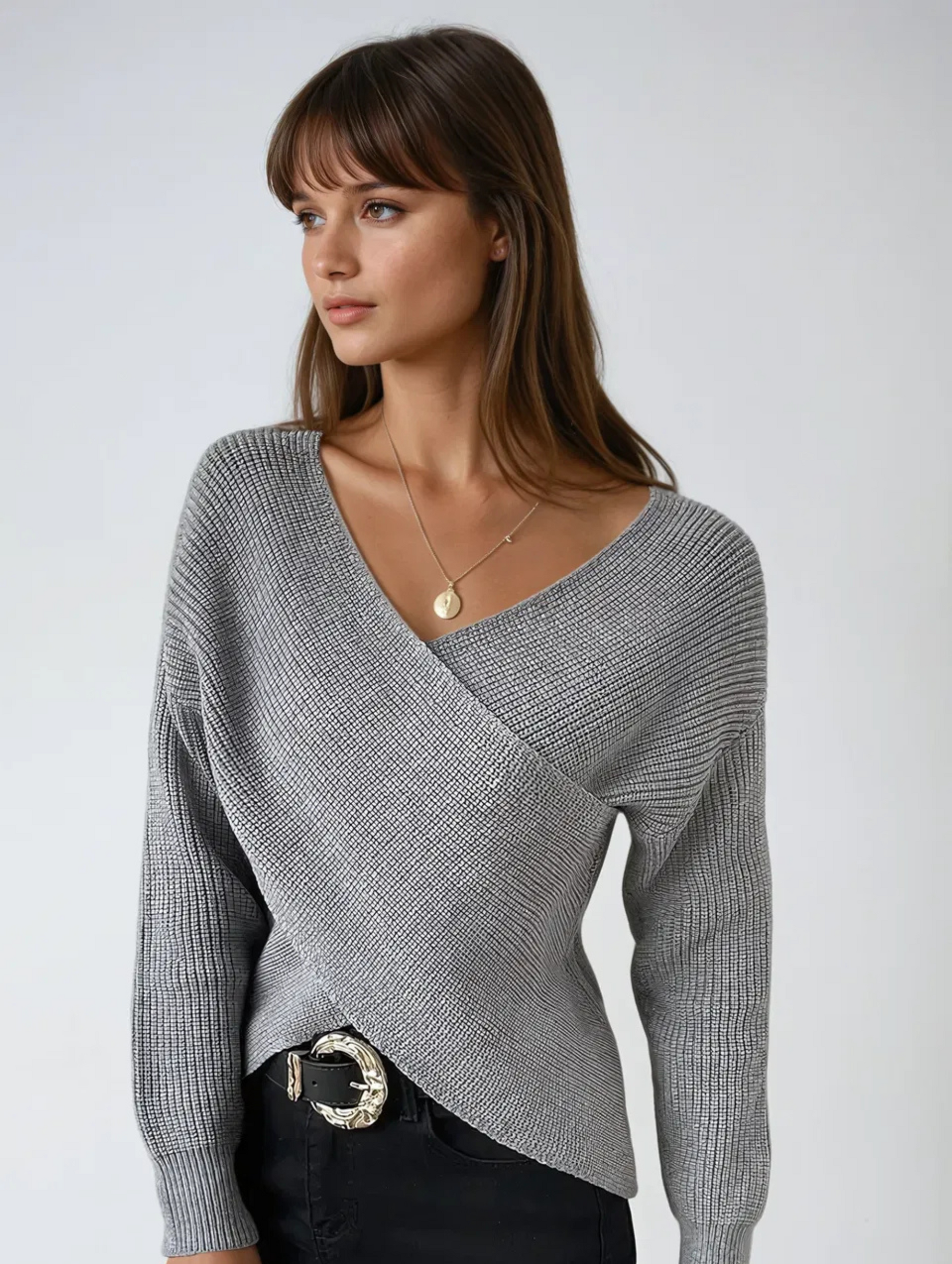 Women's Charcoal Sweater - V Neck Wrap Front - ModishWorld