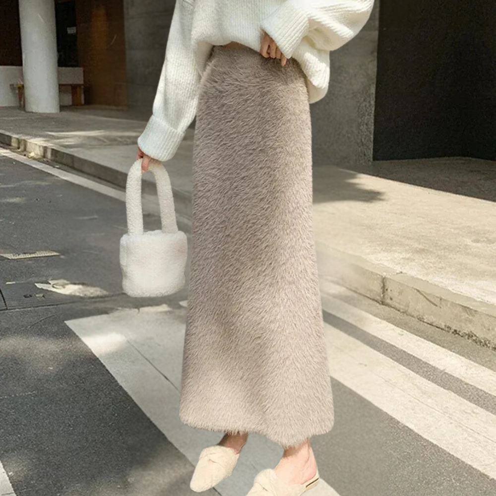 Women's Soft Faux Fur Beige Mid Length Skirt - ModishWorld